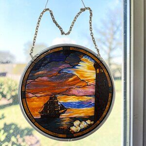 Vintage Ship Painted Stain Glass Suncatcher Window Hanging Decor